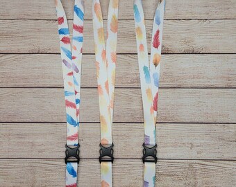 Watercolor Feather Lanyard, Detachable Clip Badge Holder