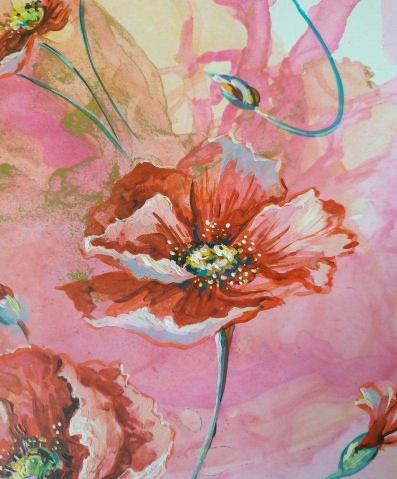 Pink Poppies Original Art Acrylic Painting on Cardboard Flower Gift 11 by 8