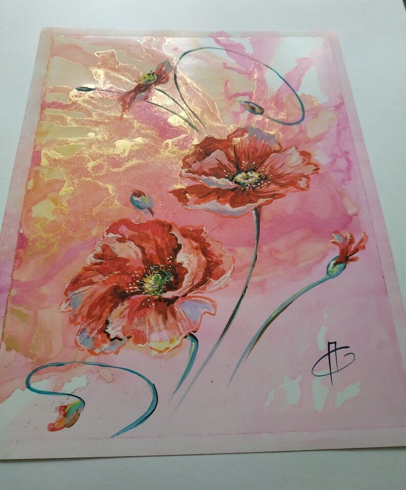 Pink Poppies Original Art Acrylic Painting on Cardboard Flower Gift 11 by 8