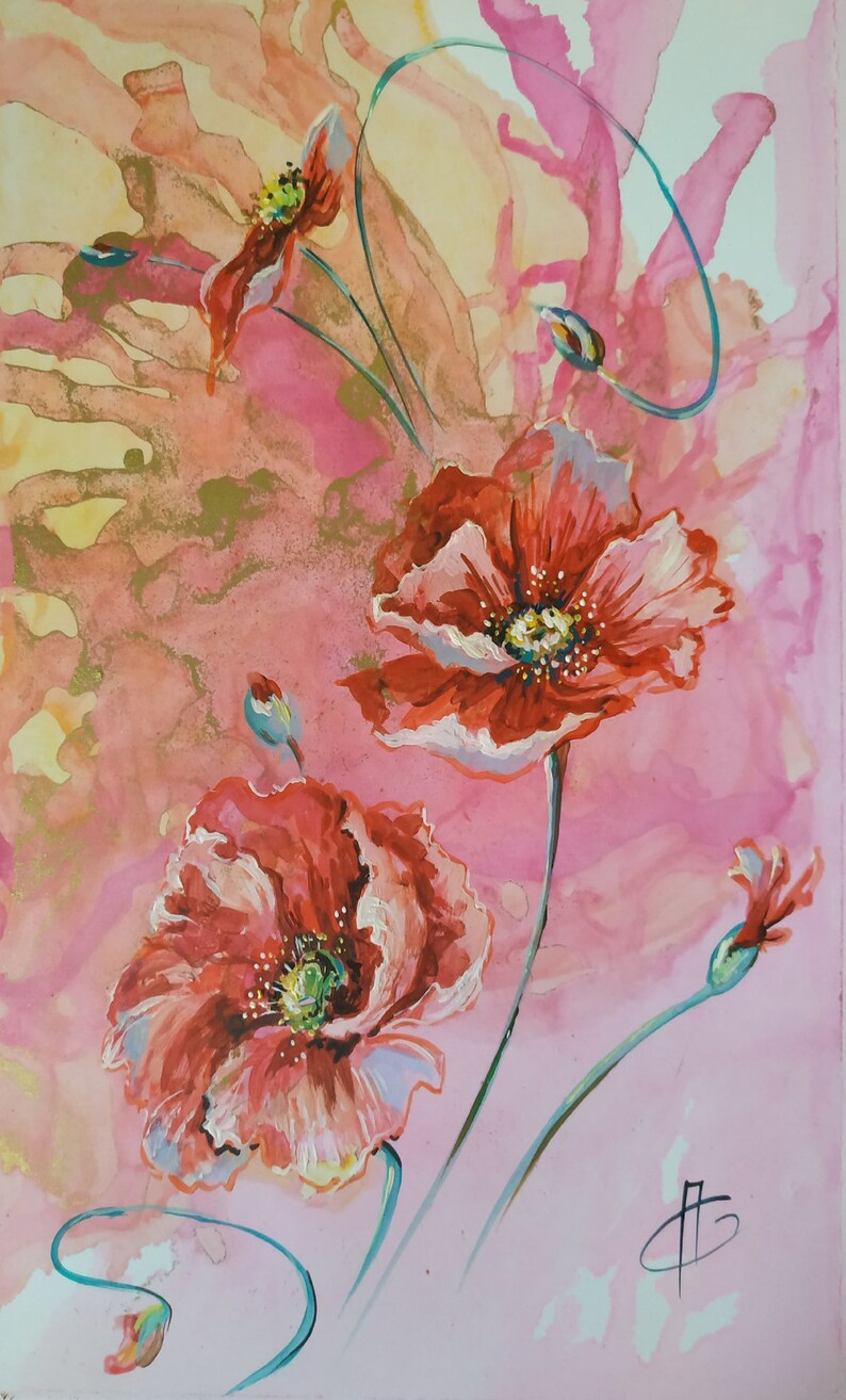 Pink Poppies Original Art Acrylic Painting on Cardboard Flower Gift 11 by 8