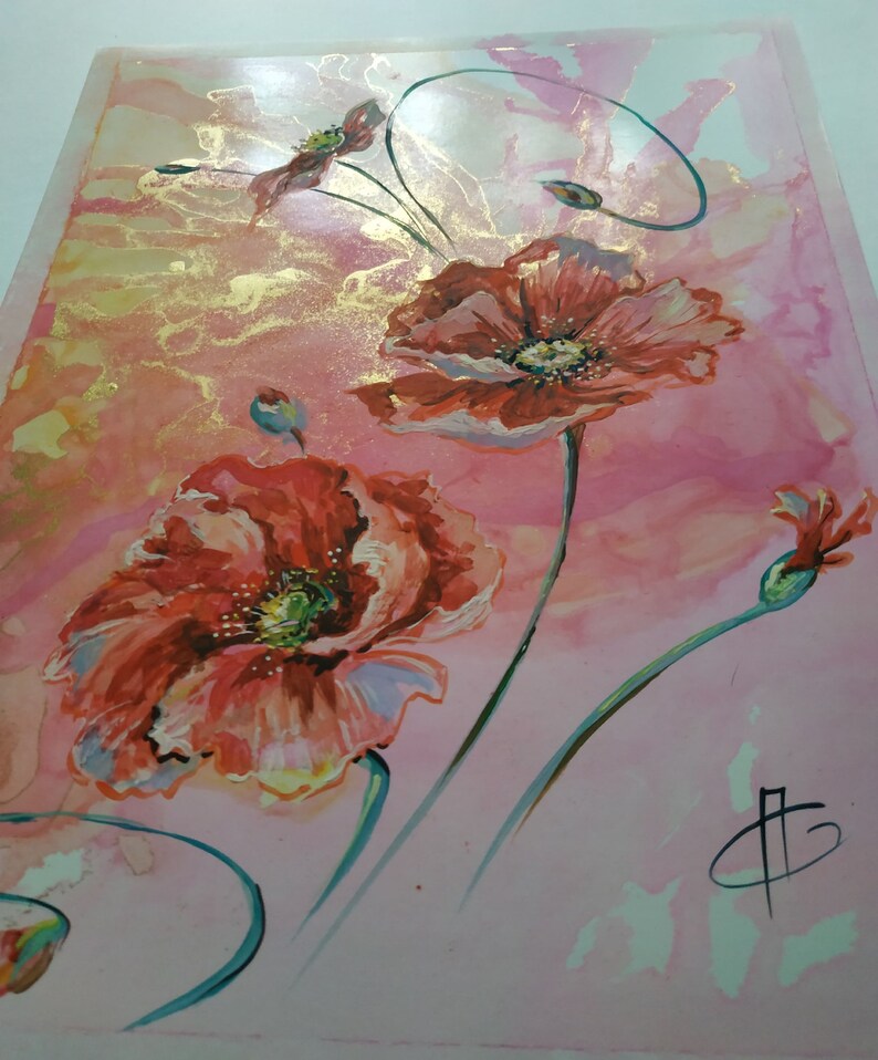 Pink Poppies Original Art Acrylic Painting on Cardboard Flower Gift 11 by 8