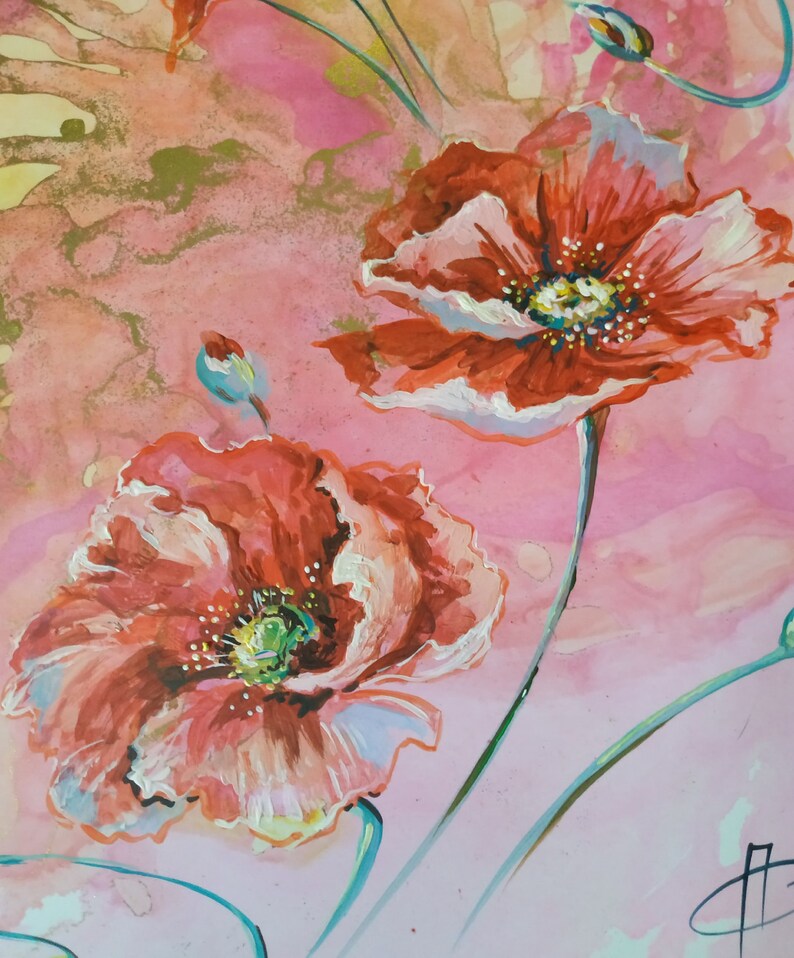 Pink Poppies Original Art Acrylic Painting on Cardboard Flower Gift 11 by 8