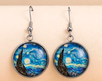 St Patrick's Day, Starry Night Van Gogh Round Cabochon Glass Pierced Wire Drop Earrings, Unique Earrings