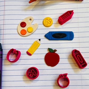 Back to School Clay Cutters | Polymer Clay Cutter | Fun Polymer Clay Cutter | Specialty Clay Cutters | Apple Crayon Pencil Paint  Sticker