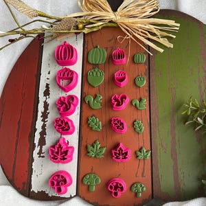 Op de afbeelding: Een set van 18 koekjesvormen in roze en groen met herfstthema's. De vormen zijn gerangschikt op een houten bord in de vorm van een pompoen. De vormen omvatten pompoenen, eikels, eekhoorns, bladeren en paddenstoelen.