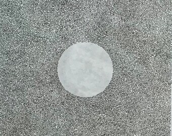 May include: Three framed black and white drawings with a white circle in the center of each. The drawings are all different patterns. The first drawing has a swirling pattern, the second drawing has a stippled pattern, and the third drawing has a pattern of small hills.