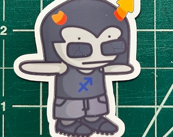 May include: A cartoon sticker of a person with dark purple hair, wearing a blue tank top with a blue and white Sagittarius symbol, gray pants, and gray shoes. The person has orange horns and is wearing cracked gray glasses. The sticker has a white outline.