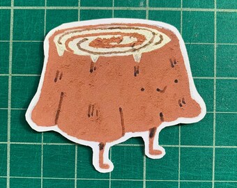 May include: A brown tree stump with a white and brown ring on top. The stump has two small legs and a smiling face.