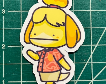 May include: A yellow dog character wearing a red and white patterned shirt and a brown skirt. The character has a yellow bun in its hair and is walking to the right.