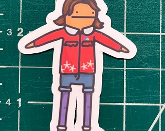 May include: A sticker of a cartoon person with brown hair wearing a red shirt with white stars, blue jeans, and blue boots. The person has a blank expression and their arms are outstretched.