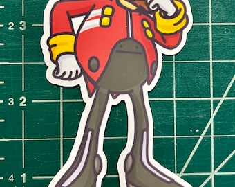 May include: A red and yellow cartoon character with a mustache and a black and white striped shirt. The character is standing with its arms crossed and has a serious expression on its face.