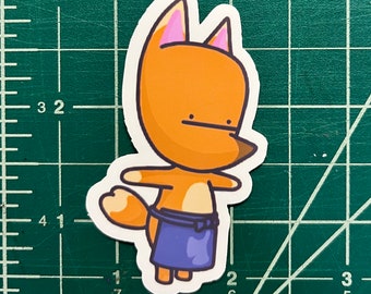 May include: A sticker of a cartoon fox wearing a blue skirt and a bow tie. The fox has orange fur, pink ears, and a white face.