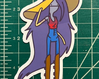 May include: A sticker of a cartoon character with long purple hair wearing a yellow sun hat, a red tank top, blue jeans, and brown boots.