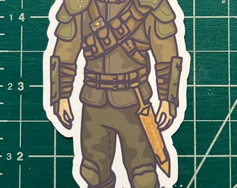 May include: A cartoon illustration of a person wearing a brown and green outfit with a sword. The person has a beard and brown hair.