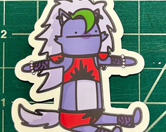 May include: A purple cartoon character with long white hair, green hair, and a red and black outfit. The character is wearing a red and black outfit with a marijuana leaf design. The character is sitting with its arms outstretched and its legs crossed.