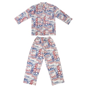 May include: White pyjamas with a long-sleeved shirt and trousers. The shirt and trousers have a repeating pattern of the word "love" in red, blue, and black.