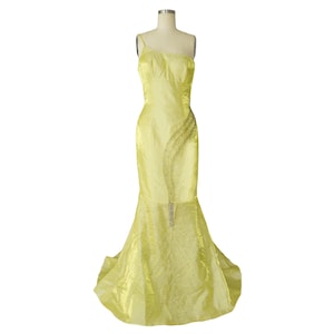 The Lemon Glitz Gown | 90s Vintage Asymmetric One Shoulder Glittery Bead Mermaid Evening Dress | S 4 Ethereal Glam Fairy Puff Sleeve Dress