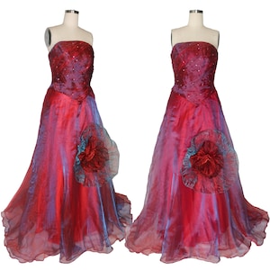 00s Rose Applique M 8 Gradient Organza Overlay Pleated Corset Bodice Gown Dress | 3D Floral Appliqué Sequin Strapless Prom Dress