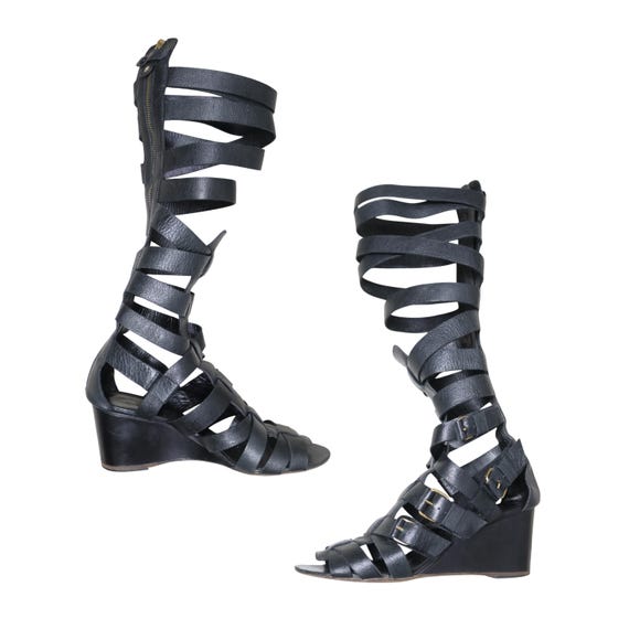 Balenciaga, Rare Balenciaga leather gladiator strappy cage gold buckle wedge sandals