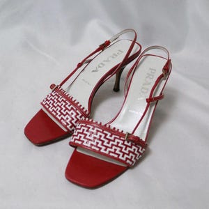 Prada Vero Cuoio Slingback Heeled Sandals | Rare Archive Geometric Woven Leather Kitten Heel Slides