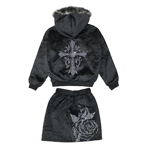 00s Rhinestone Velvet Skirt Set | XS S Fur Trim Textured Herringbone Rose Cross Applique Waffle Hoodie and Mini Skirt