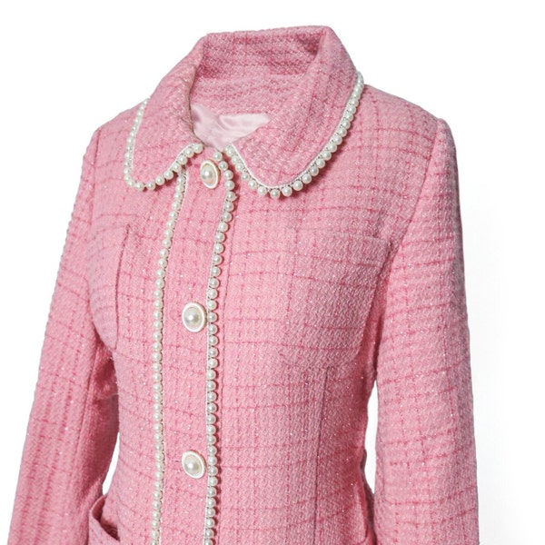 Deadstock Vintage Barbie Pink Glittery Tweed Pearl Trim Belted Long Coat | Retro Coco Style Glam Luxury Classic Elegant Trench Coat