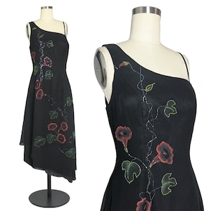 Rare Y2K Vintage Size M One Shoulder Beaded Gown | Fantasy2k Asymmetric Glittery Floral Print Evening Midi Slip Dress