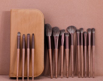 Gift Boxed 14 Pc Hand Made Make-up Brush Set with Walnut Wood Handle Premium Gift For Her Cosmetic Brushes Make up Applicators