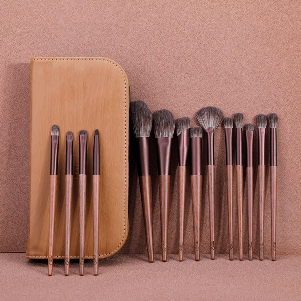 Gift Boxed 14 Pc Hand Made Make-up Brush Set with Walnut Wood Handle Premium Gift For Her Cosmetic Brushes Make up Applicators