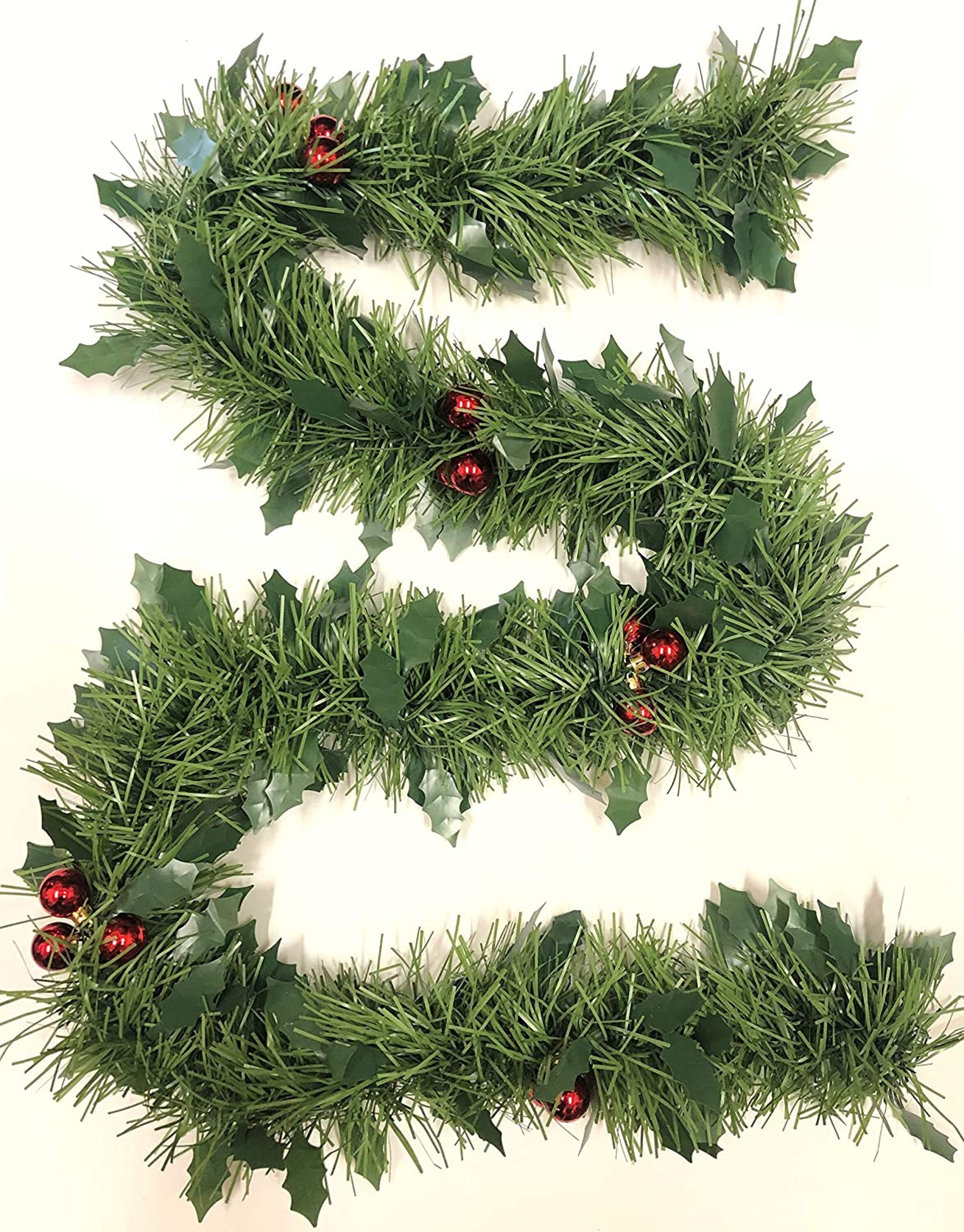 2m Christmas Decoration Green Tinsel Garland with Holly & Etsy