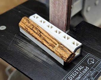 May include: A wooden handle bevel jig with a light brown and dark brown wood grain pattern is shown in a white holder. The jig is on a black surface with the text "DIGITAL Download" and other technical details.