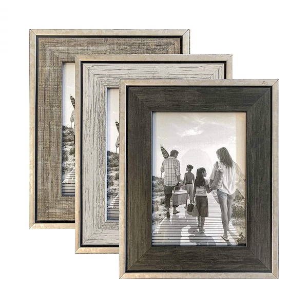 Rustic Picture Frames - (3-Pack)- Distressed Farmhouse Industrial Frame - Ready to Hang or Stand - Built-in Easel
