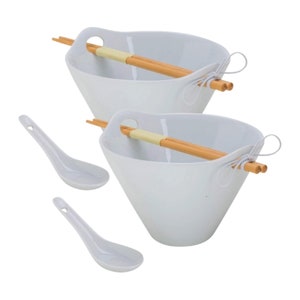 Tasse Verre Porcelain Noodle Bowl Sets with Bamboo Chopsticks and Ceramic Spoon For Ramen, Soup, Salad, Pho, Fruit - White - 2-Pack