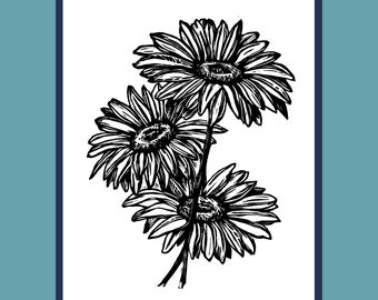 Daisy linocut Illustration | Black and White | Linocut | Instant Download | Wall Art | Botanical | Flowers | Printable | Printing