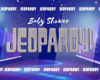 May include: A blue and purple background with a silver metallic sign that reads "JEOPARDY!" with the text "Baby Shower" above it. The sign is on a stage with a white runway and white lights.