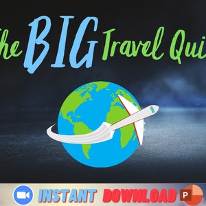 Könnte beinhalten: Das große Reisequiz mit einem blauen Globus und einem weißen Flugzeug, das um ihn herumfliegt. Der Text "INSTANT DOWNLOAD" befindet sich am unteren Rand des Bildes.