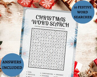 Op de afbeelding: Een printbare kerstwoordzoekpuzzel met een blauwe en witte sneeuwvlokkenachtergrond. De puzzel bevat 10 woorden om te vinden, waaronder "Kerstmis", "Maretak", "Hulst", "Kerstboom", "Kous", "Sieraden" en "Elf". De woorden "Antwoorden inbegrepen" staan ​​onderaan de pagina.