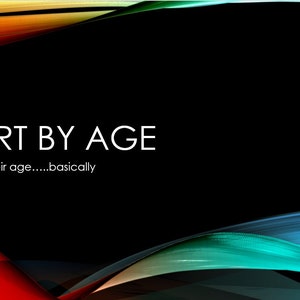 May include: A colorful abstract design with a black background. The text "SORT BY AGE" is in white and the text "Guess their age.....basically" is in white below it.