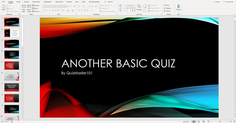 May include: A black background with colorful abstract shapes in red, orange, yellow, green, and blue. The text "ANOTHER BASIC QUIZ" is in white with the text "By QuizMaster101" below it.