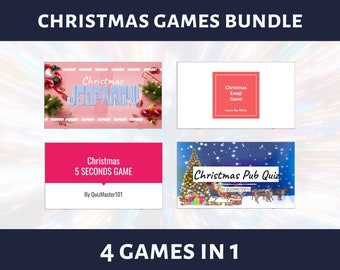 Puede incluir: Un paquete de descarga digital de cuatro juegos con temática navideña: Christmas Jeopardy, Christmas Emoji Game, Christmas 5 Seconds Game y Christmas Pub Quiz. Los juegos se muestran en un fondo rosa, azul y blanco con un efecto de estrella.