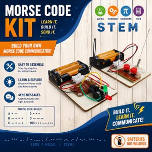 May include: A Morse Code Kit STEM educational set featuring two wooden base circuit boards with AA batteries, red and green LED lights, push buttons, and wiring. The packaging includes text: MORSE CODE KIT, LEARN IT. BUILD IT. SEND IT., and STEM.