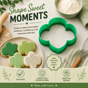 May include: A green clover-shaped cookie cutter next to decorated cookies. The cookies are green and white with sprinkles. Text reads "Shape Sweet Moments" and "Bake. Decorate. Share. Inspire."