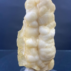 Puede incluir: Un espécimen mineral claro y texturizado con una apariencia burbujeante y en capas. El mineral tiene un tono cremoso, blanquecino, con algunas áreas translúcidas. Está montado sobre una pequeña base gris.