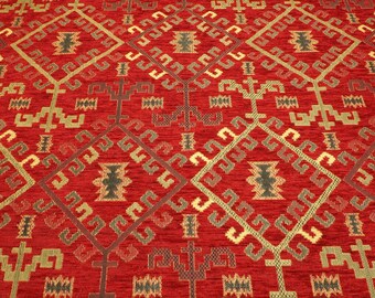 Upholstery Fabric,Kilim Design Fabric,Turkish RED Kilim Pattern Fabric,Turkish Fabric By the Yards,Bohemian Fabric,Jacquard Fabric