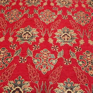 Tissu d&#39;ameublement, tissu turc au mètre, tissu turc à motif tulipe rouge, tissu chenille, tissu bohème, tissu jacquard