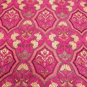 Tissu d&#39;ameublement, tissu turc au mètre, tissu turc à motif oeillets roses, tissu chenille, tissu bohème, tissu jacquard