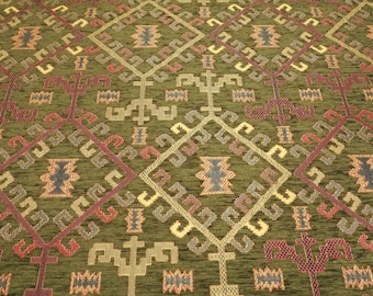 Upholstery Fabric,Kilim Design Fabric,Turkish MOSS GREEN Kilim Pattern Fabric,Turkish Fabric By the Yards,Bohemian Fabric,Jacquard Fabric