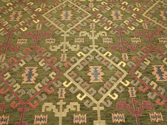 Upholstery Fabric,Kilim Design Fabric,Turkish MOSS GREEN Kilim Pattern Fabric,Turkish Fabric By the Yards,Bohemian Fabric,Jacquard Fabric