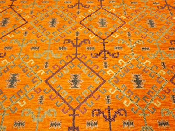 Upholstery Fabric,Kilim Design Fabric,Turkish ORANGE Kilim Pattern Fabric,Turkish Fabric By the Yards,Bohemian Fabric,Jacquard Fabric