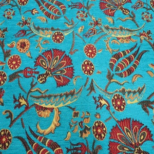 Upholstery Fabric,Turkish Fabric By the Yards,Turquoise Blue Carnation Tulip Pattern Fabric,Chenille Fabric,Bohemian Fabric, Jacquard Fabric